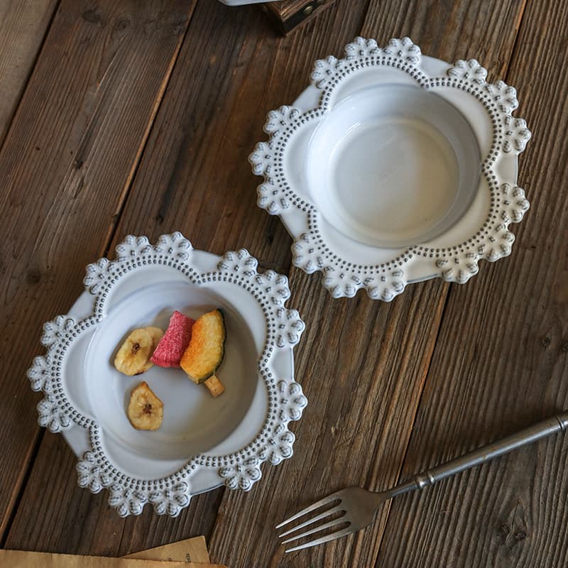 Vintage Ceramic Bowl with Exquisite Floral Relief, Yogurt Fruit Salad Bowl, Palace-Style Kiln-Transformed Soup Plate, Western Dinner Plate