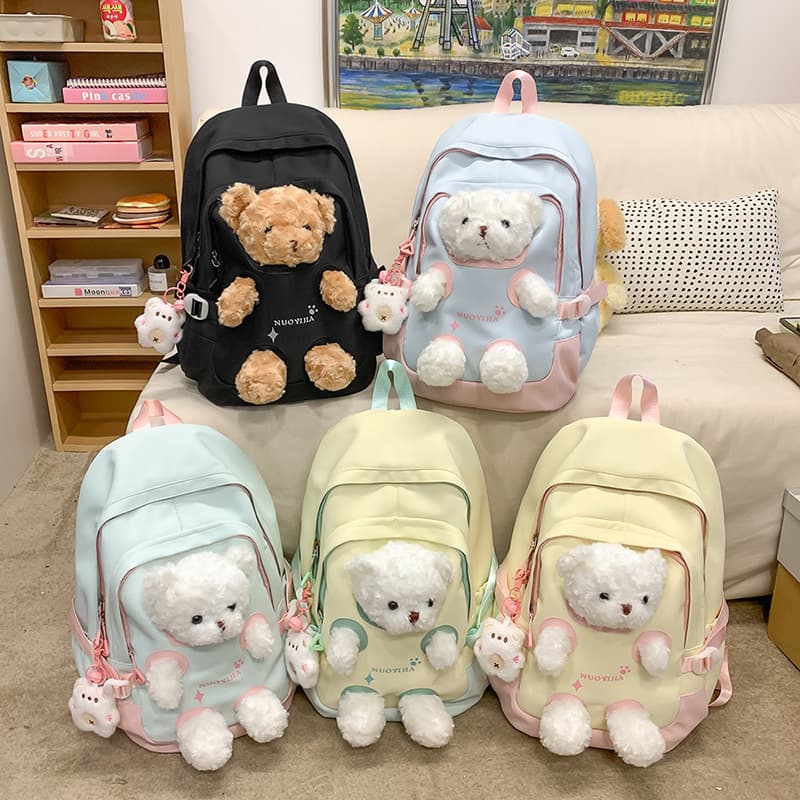 Adorable Bear Backpack for Girls Primary And Middle School Students High Aesthetic Dual Shoulder Bag Children's Bag Nylon Material Artistic National Style
