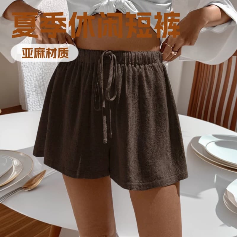 Summer new high-waisted loose linen shorts for women, casual breathable wide-leg beach pants, European and American style, fashionable and versatile