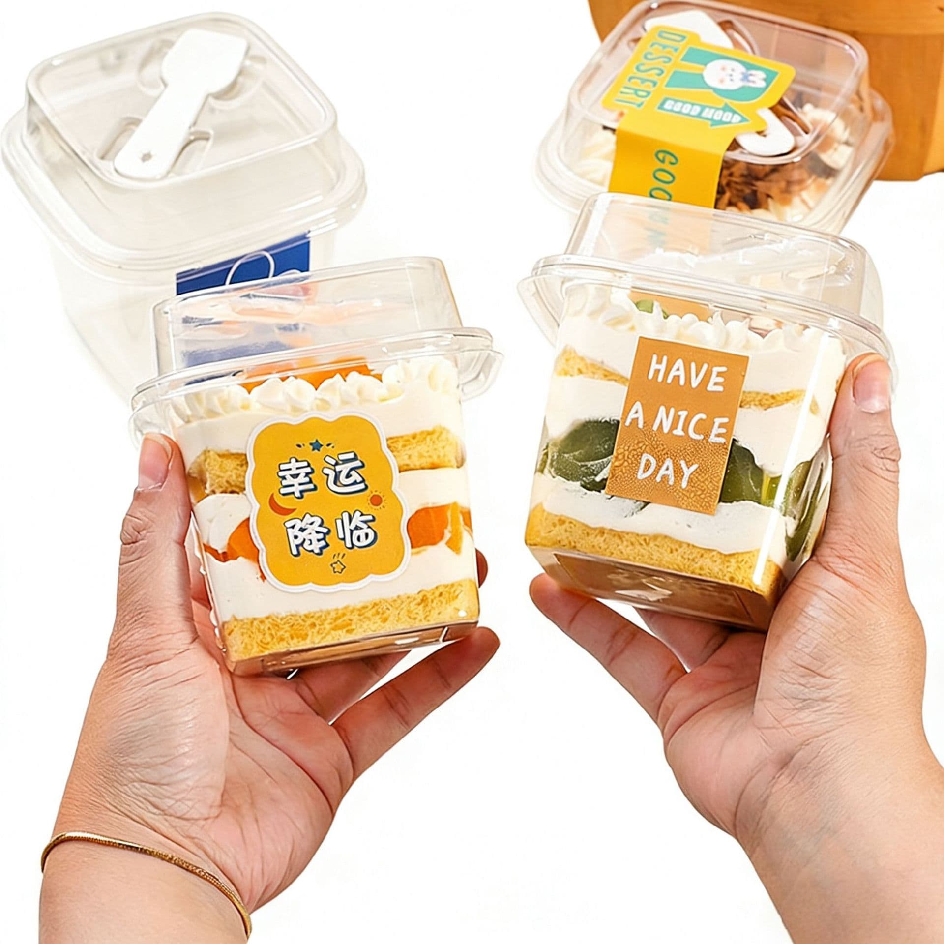 Square Mousse Cup Small Cake Box with Built-In Spoon, Transparent Wood Pulp Cup, Thousand-Layer Fruit Salad Yogurt Ice Cream Box