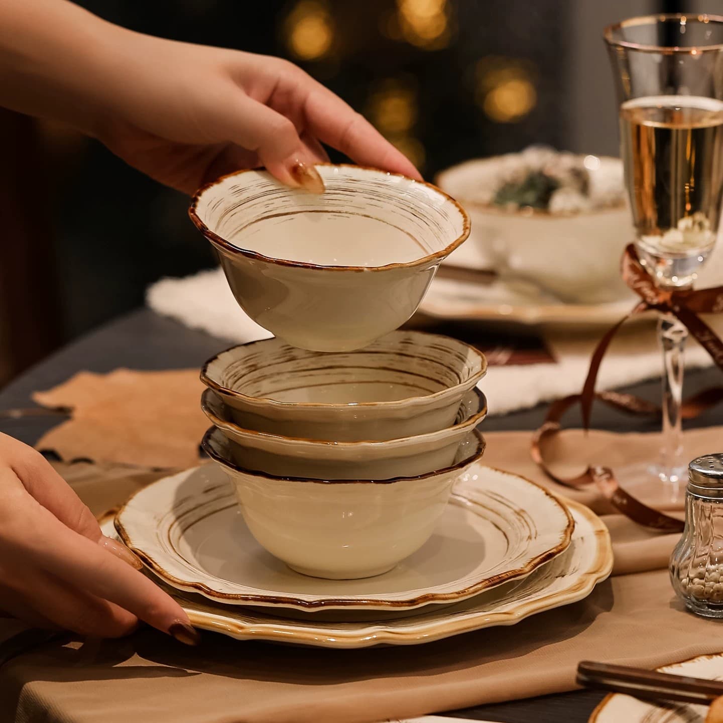 French Vintage Light Luxury Kiln-Changed Ceramic Tableware Set for Home Use, Bowls, Plates, Soup Bowls, Noodle Bowls, Dinner Plates, and Coffee Cups