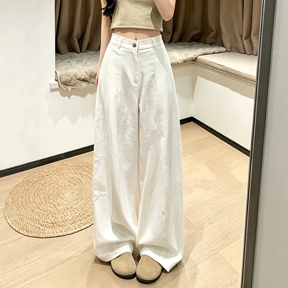 White Cotton Linen Suit Curved Knife Pants Women Summer 2026 New High Waist Loose Casual Lazy Linen Wide Leg Pants