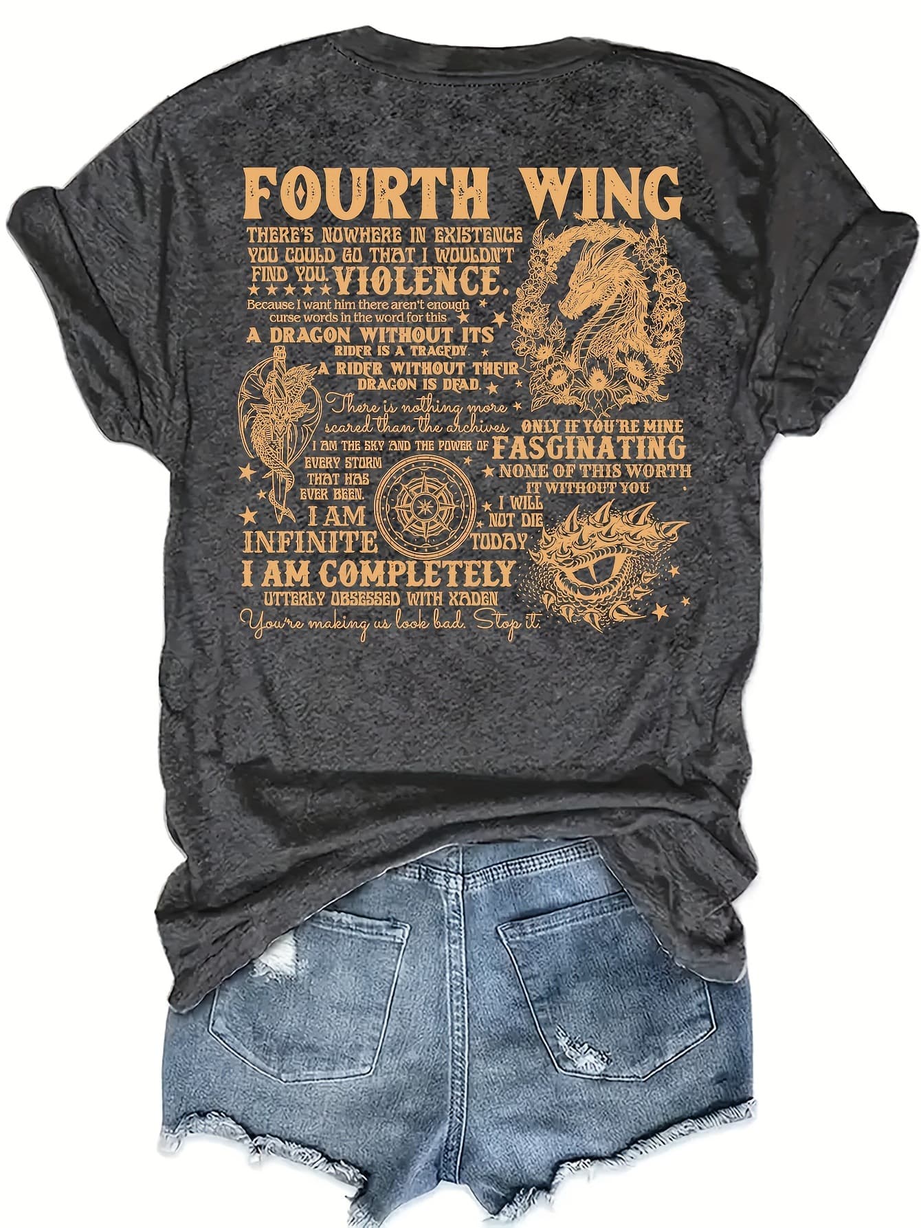 Fourth Wing, Dragon Knight, Basilias War Academy Pattern Printed on the Front and Back T-Shirt, Short Sleeves