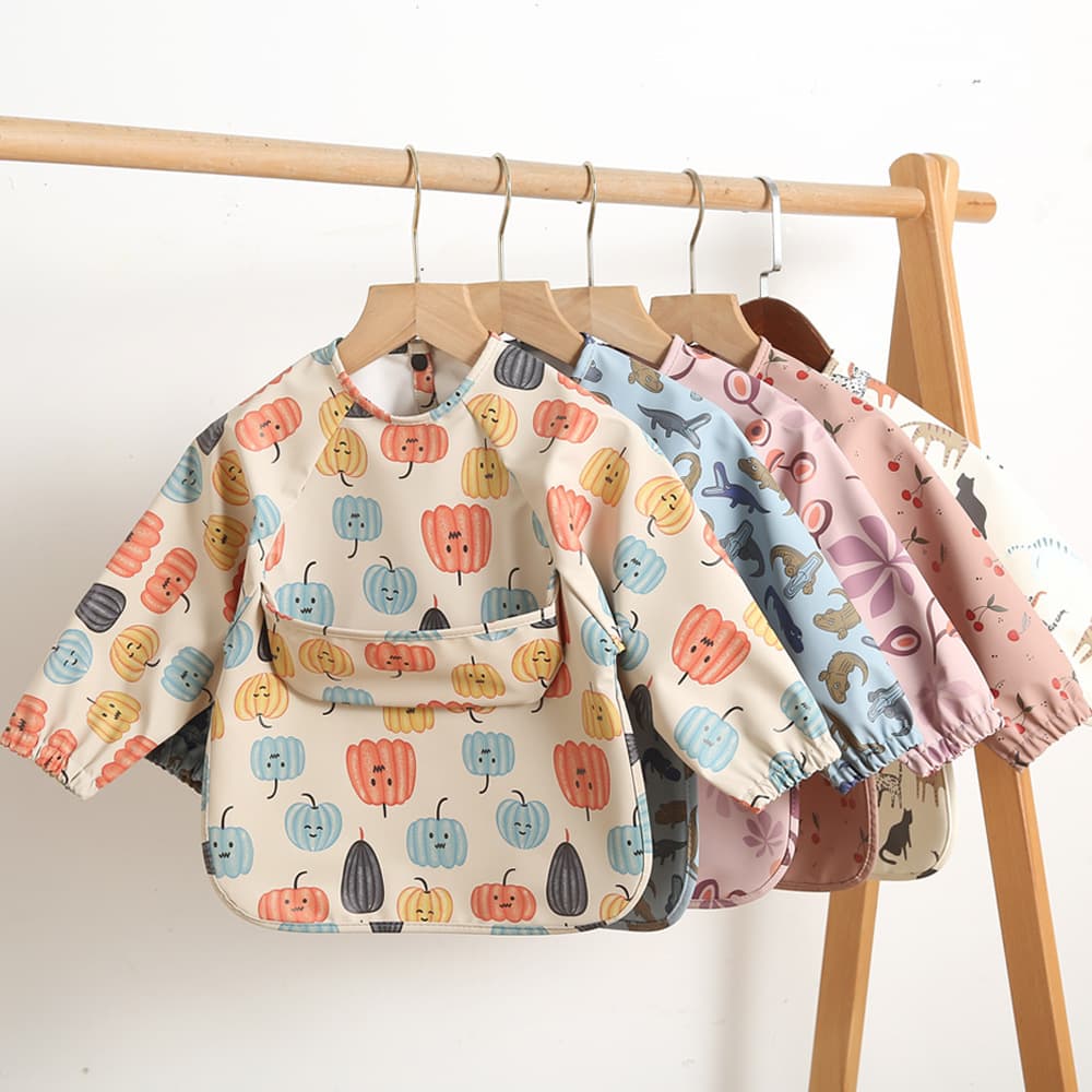 Danish children's long-sleeved PU reversible bib, baby feeding bib, super soft and waterproof baby food bib, stain-resistant feeding bib