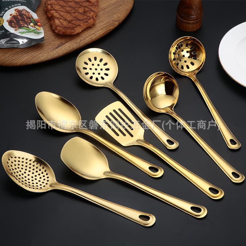 Kitchen cooking utensil set, 201 stainless steel serving spoon, serving strainer, flat spatula, large and small soup strainer