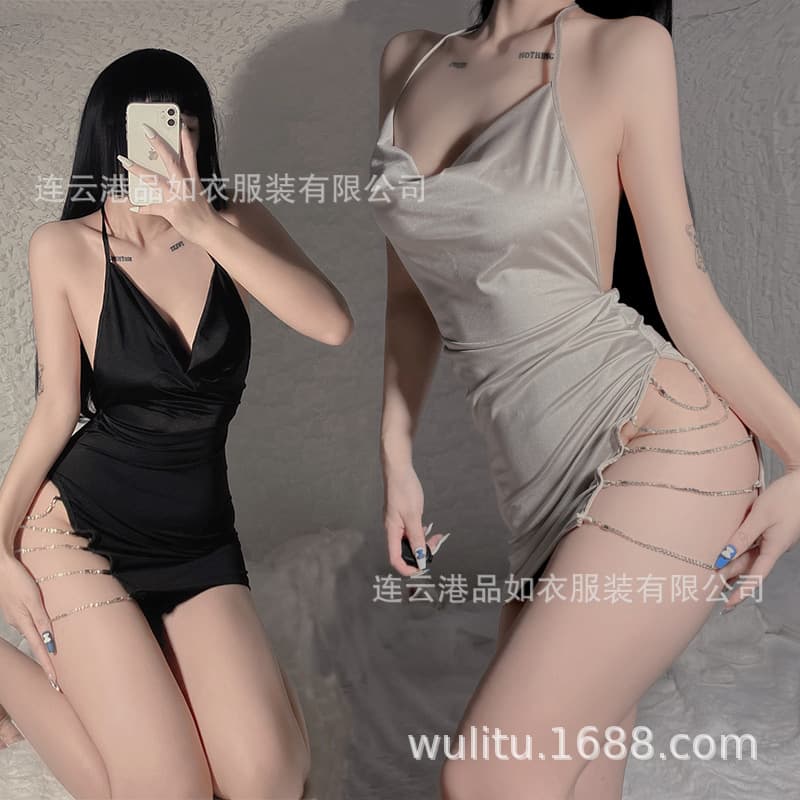 Sexy Deep V Sling Nightgown with Rhinestone Chain Back Split, Home Pajamas