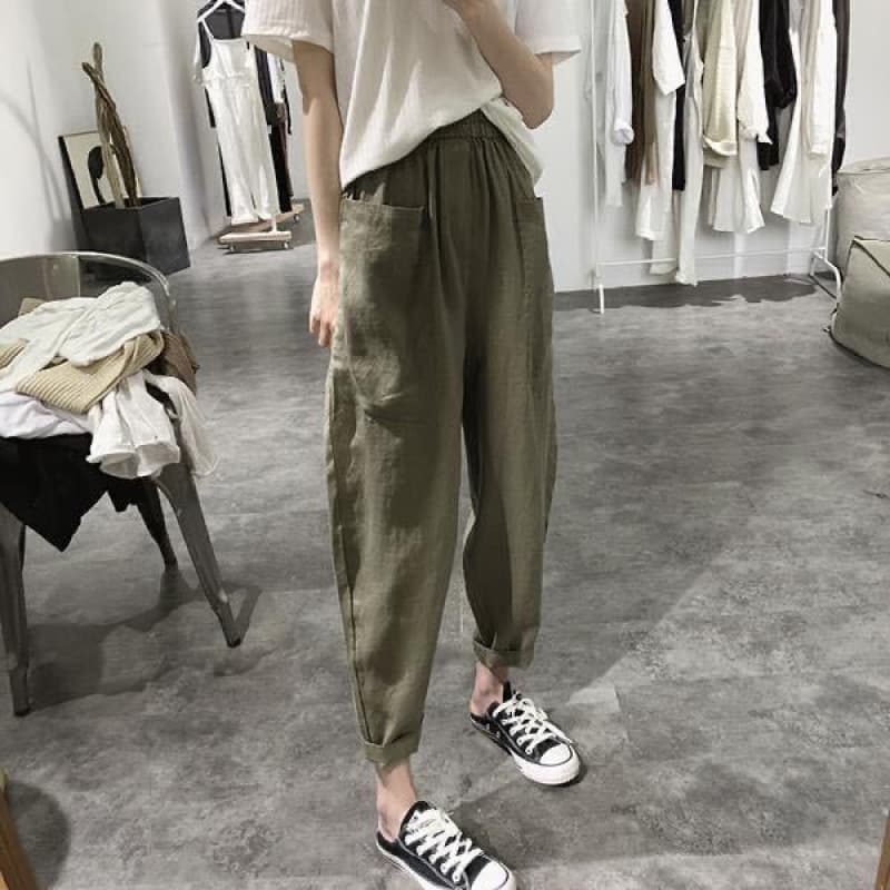 Big pocket harem pants women's new summer casual pants high waist elastic band loose and slim