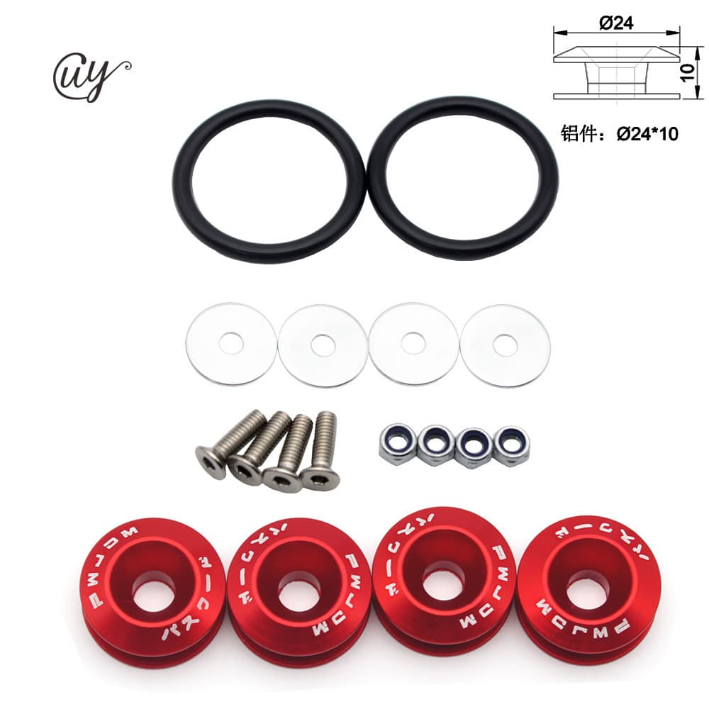 JDM car front and rear bumper hatch cover fixing buckles, reinforced washers, and colored quick-release screws.