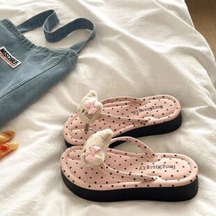 Cream Hello Kitty~! 4cm Thick Sole Platform Flip Flops for Women Summer Beach Anti-slip Breathable Ins Style Toe Post Sandals