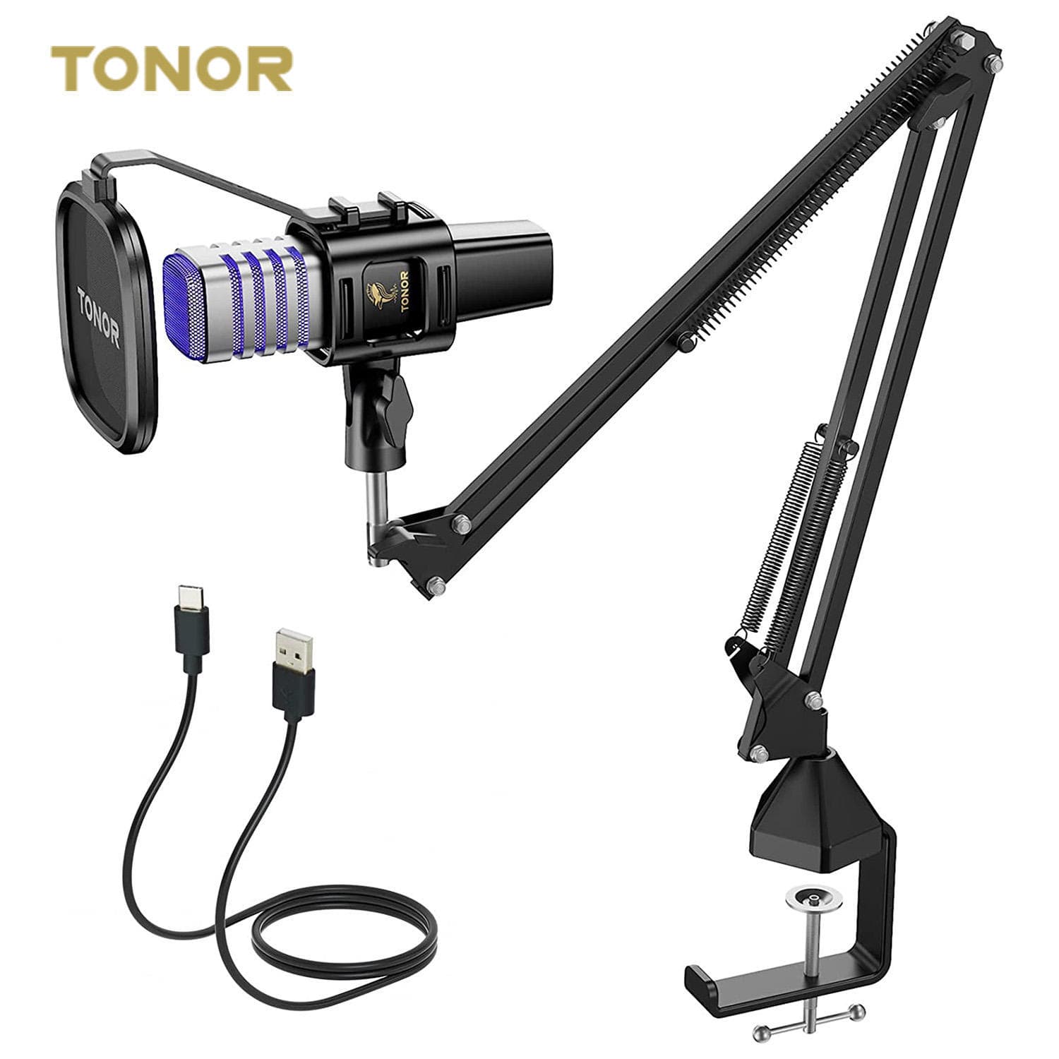 Tonor TC30S+ USB Condenser RGB Gaming Microphone Kit with Boom Arm Stand RGB Lighting Live Streaming Mic