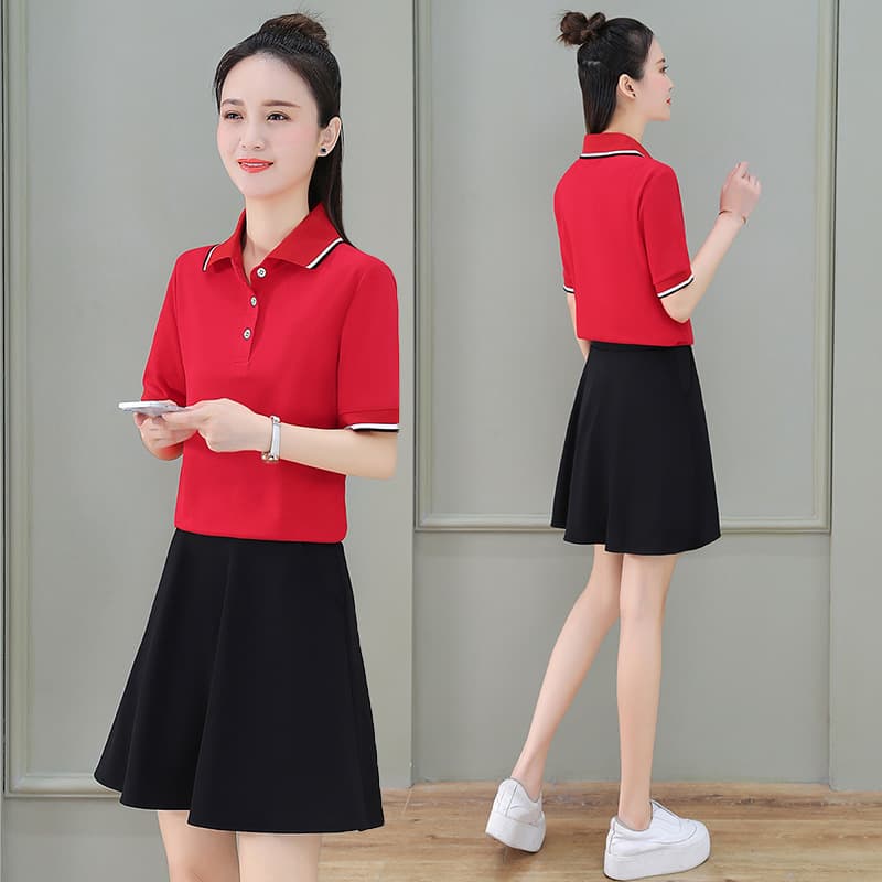 Kindergarten Teacher Uniform Multi-Color Set: POLO Shirt, Midi Skirt, Short Sleeve Blouse Women's 2-Piece Set