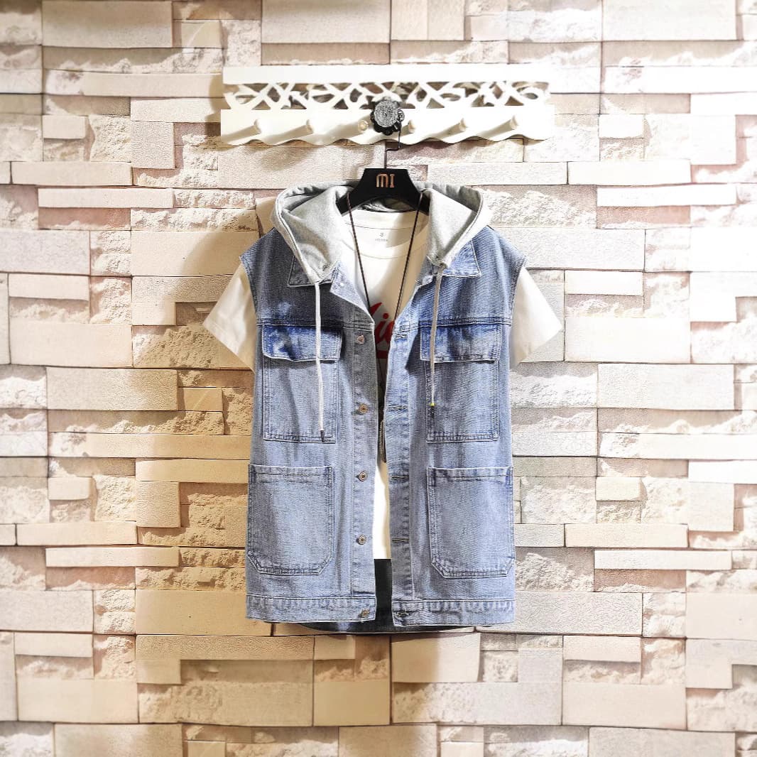 New Men's Denim Vest for Export, Spring Oversized Hooded Vest, Casual Simple Men's Denim Jacket Wholesale