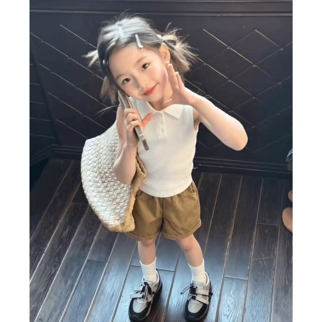 2026 New Girls Summer Set Korean Casual Polo Neck White Vest Loose Shorts Toddler Kids Sleeveless Outfit