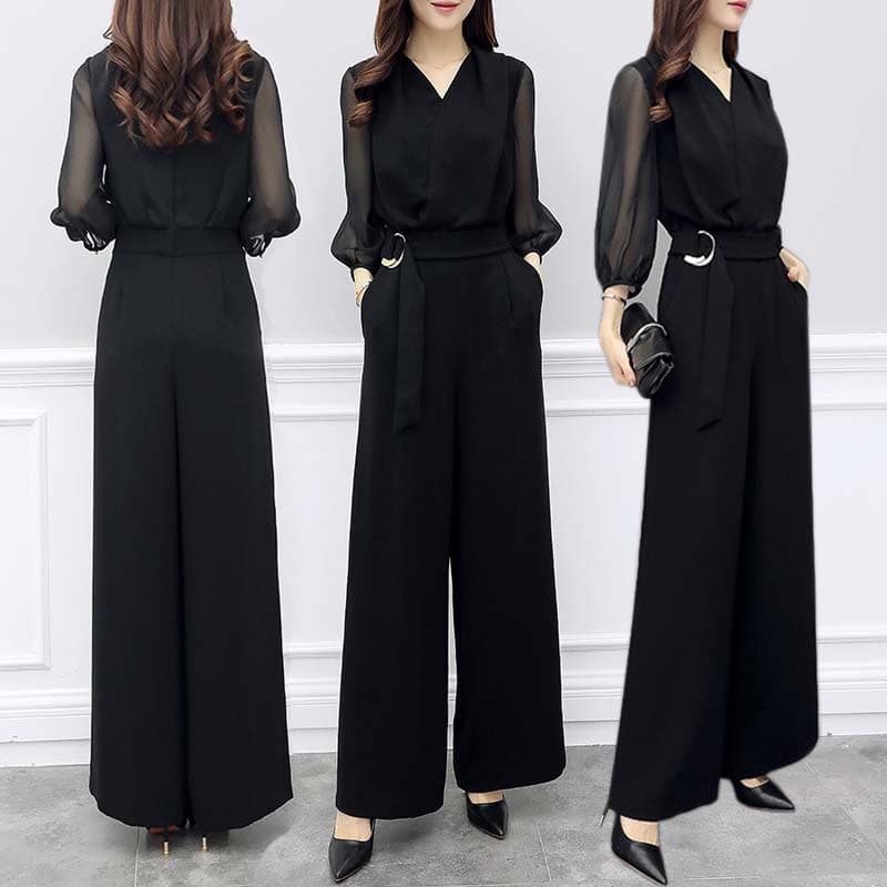 Spring Summer New High-waisted Chiffon Jumpsuit Black Slimming Elegant Wide-leg Jumpsuit Women's Fashion Overalls