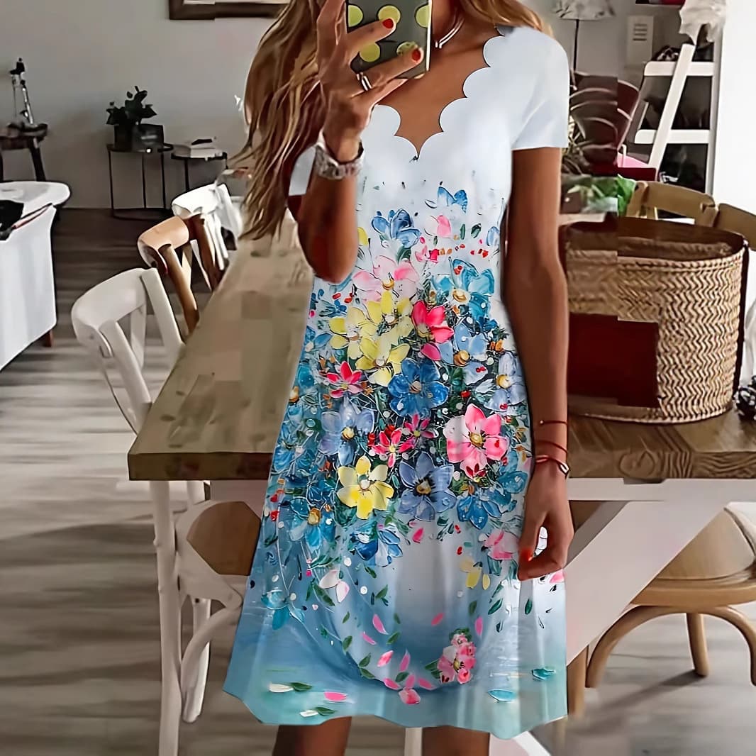 Wish AliExpress Amazon 2025 Summer New Women's V-Neck Printed Short Sleeve Dress Lace Collar A-Line Skirt