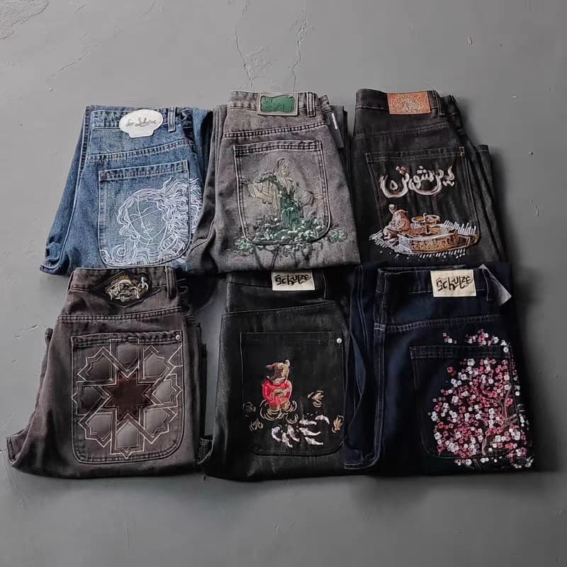 Derschutze Chrome Cool Style American Heavy-Work Embroidered Statue Straight-Leg Jeans Men's Trendy Pants