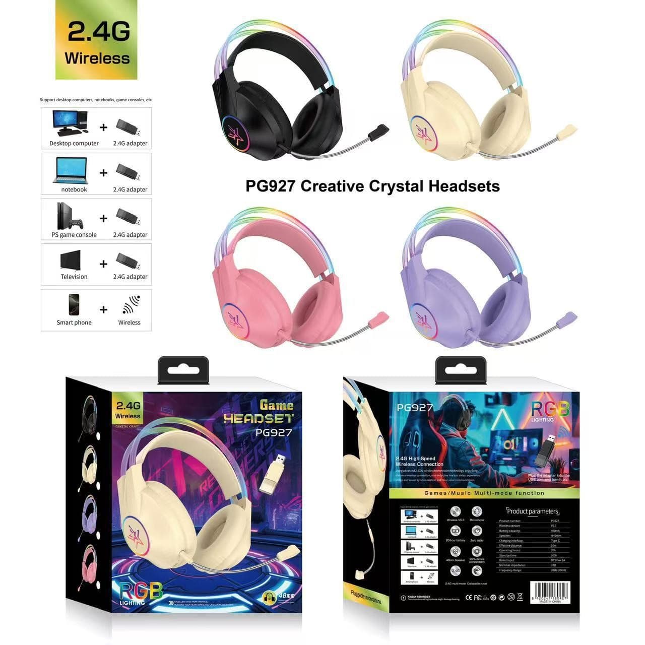 New 2.4G Over-Ear RGB Bluetooth Headphones Wireless 5.0 Gaming Low Latency LED Light Gaming Headset