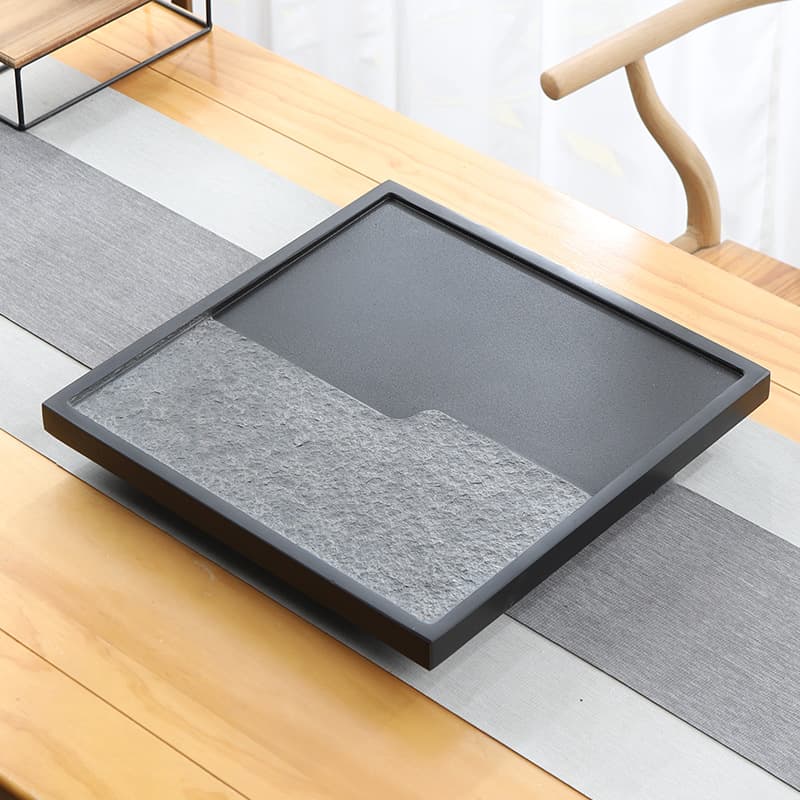 Natural Black Stone Tea Tray, Square New Style Tea Table and Tea Sea, High-End Kung Fu Integrated Stone Tea Tray for Living Room