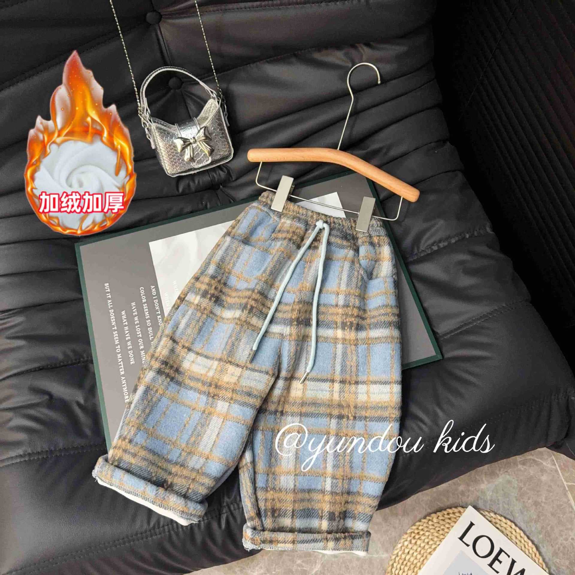Fleece-Lined Thick Autumn/Winter Korean Style Plaid Straight-Leg Pants Girl's Parent-Child Wear Korean Casual Versatile Comfortable