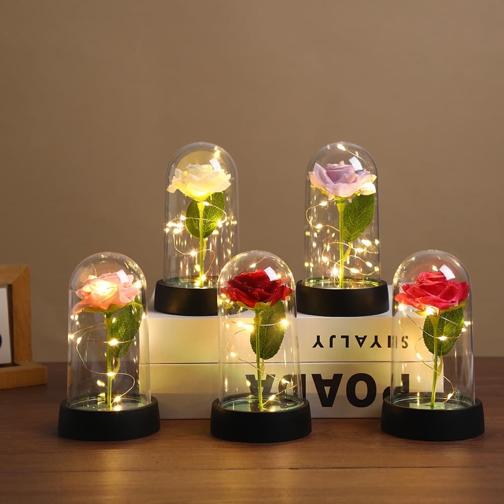 Cross-Border Acrylic Cover with Light, Immortal Flower, Desktop Artificial Rose Ornaments, Birthday and Holiday Night Light Gifts