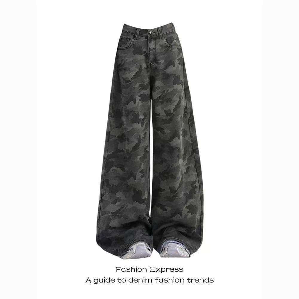 2026 Spring Lazy Style American Trend Camo Cargo Wide Leg Jeans for Women, Flowing Ins Floor-Length Jeans