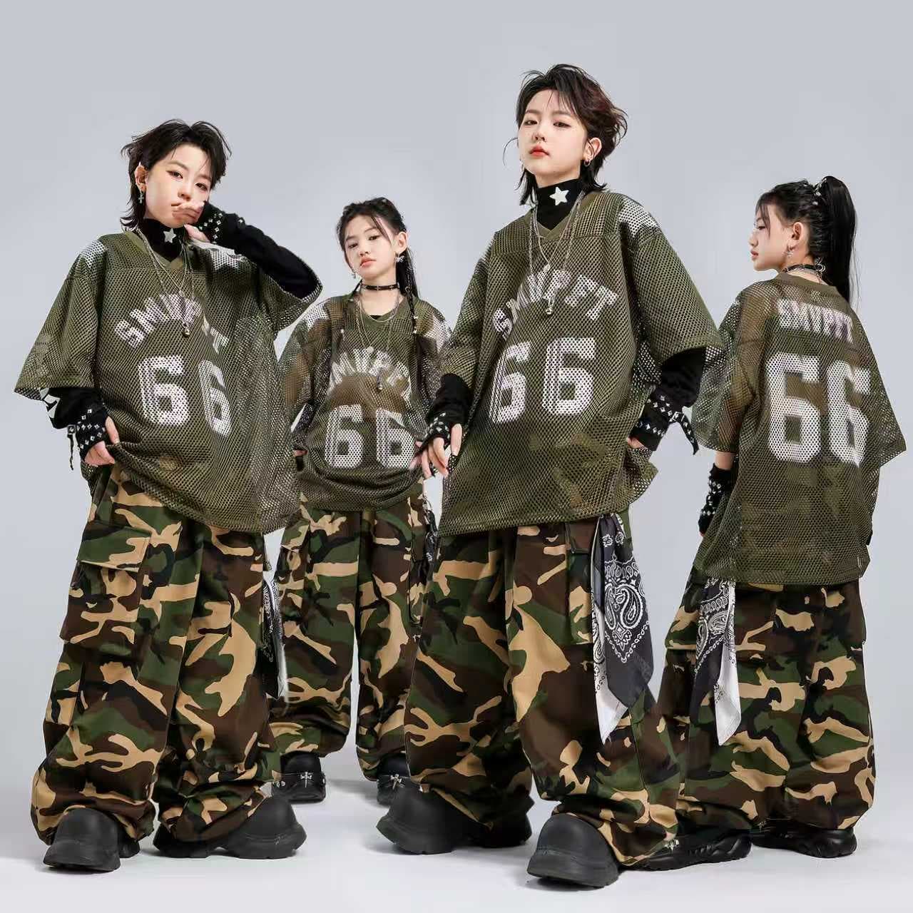 Street Dance Kids Fashion Cool Hip-Hop Hollow Short Sleeve Performance Outfit for Boys and Girls Stage Dance Wear