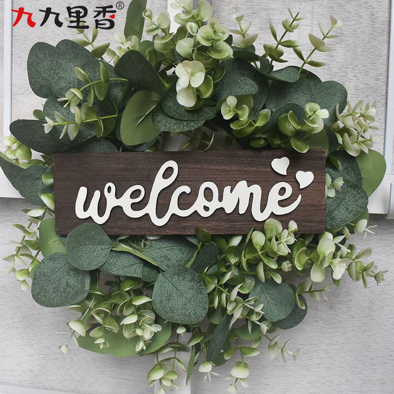Amazon Hot Selling American Style Welcome Artificial Eucalyptus Wreath Door Decoration Party