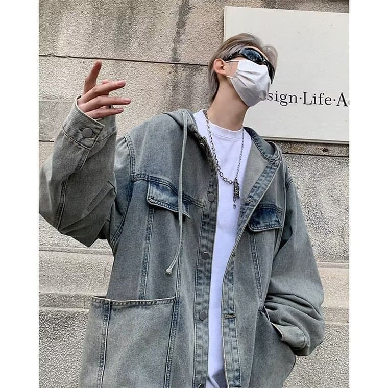 Spring American High-Street Distressed Hooded Denim Jacket for Men, Trendy Unisex Loose-Fit Hip-Hop Style Coat