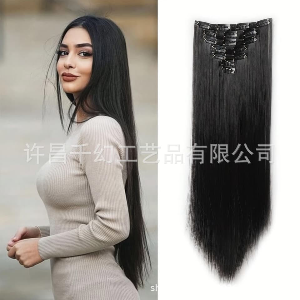 Factory Wholesale Invisible Hair Extensions European and American Cross-border Fashion 7-Piece Set 16-Clip High-Temperature Synthetic Fiber Straight Hair
