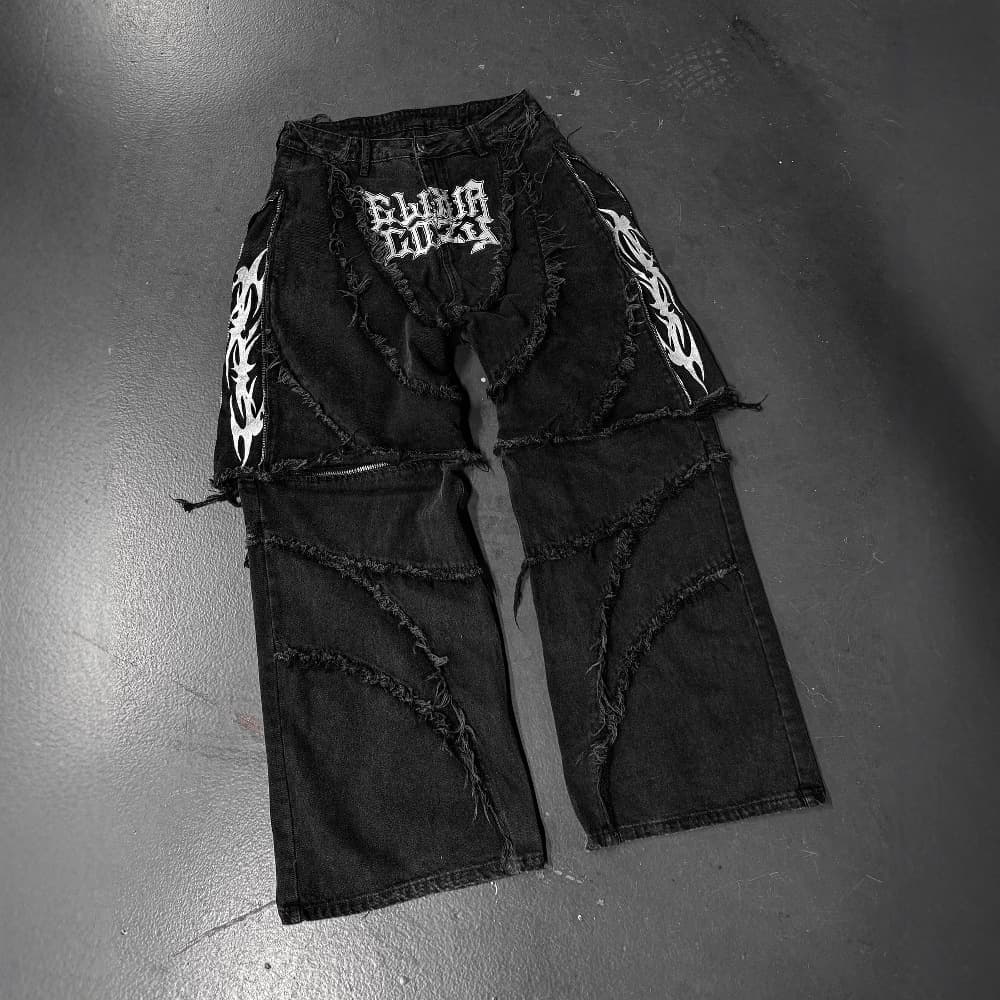 Cross-border American retro Y2K streetwear cozy zip-up spliced detachable loose black jeans shorts