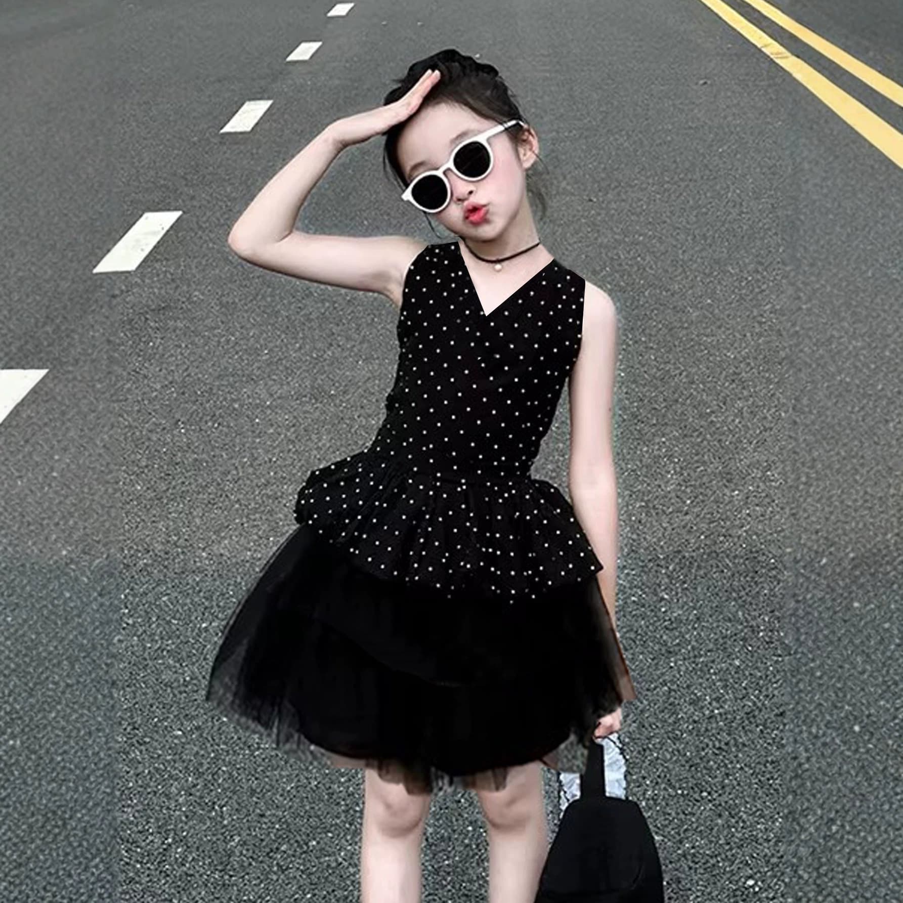 2026 Summer Girls Dress Black Polka Dot Sleeveless Princess Dress Fashion V-neck and Backless Design