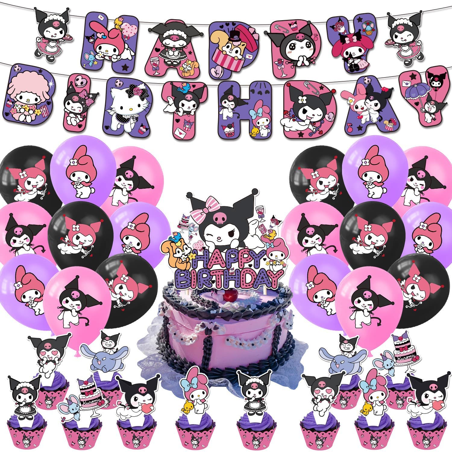 Kuromi Theme Birthday Party Decorations Balloons Pull Flag Banner Cake Topper