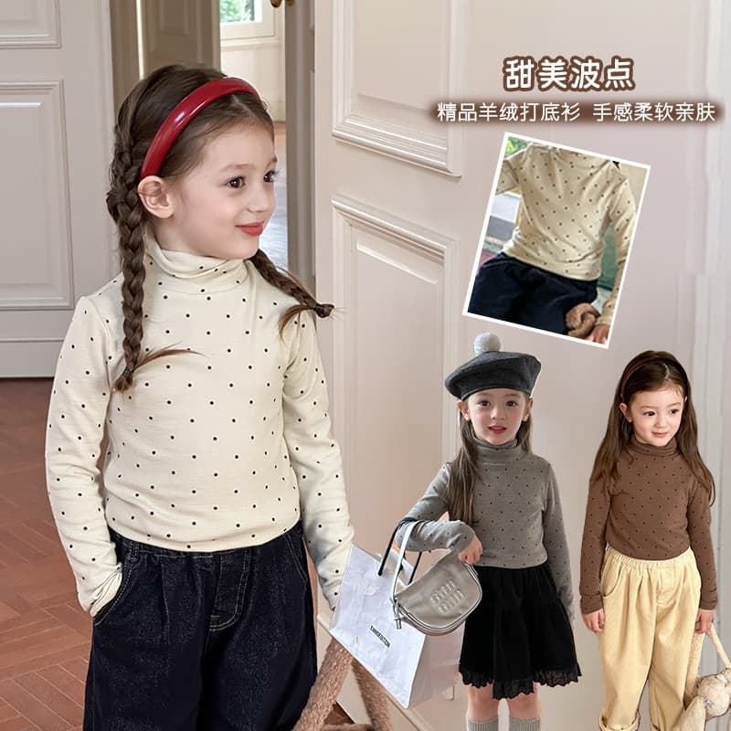 Aimobeibei Big and Medium Girls' Baby Fashionable Versatile Sweet Polka Dot Windproof Cashmere High Neck Base Layer