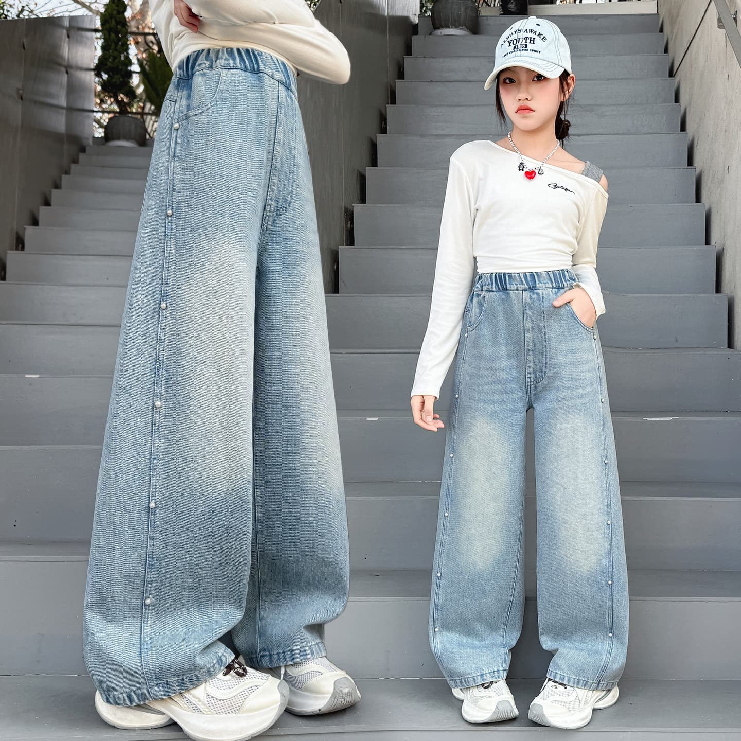 Girls Blue Jeans Spring Fall 2026 New Style Curved Knife Pants Teen Girls Big Kids Loose Fit Trousers