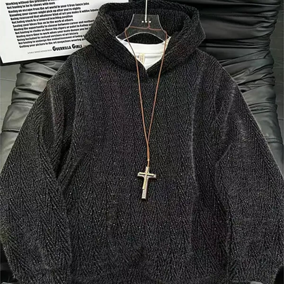 Black Starry Knit Hoodie Men's Hooded Autumn Winter Streetwear American Retro Heavyweight Hoodie Jacket