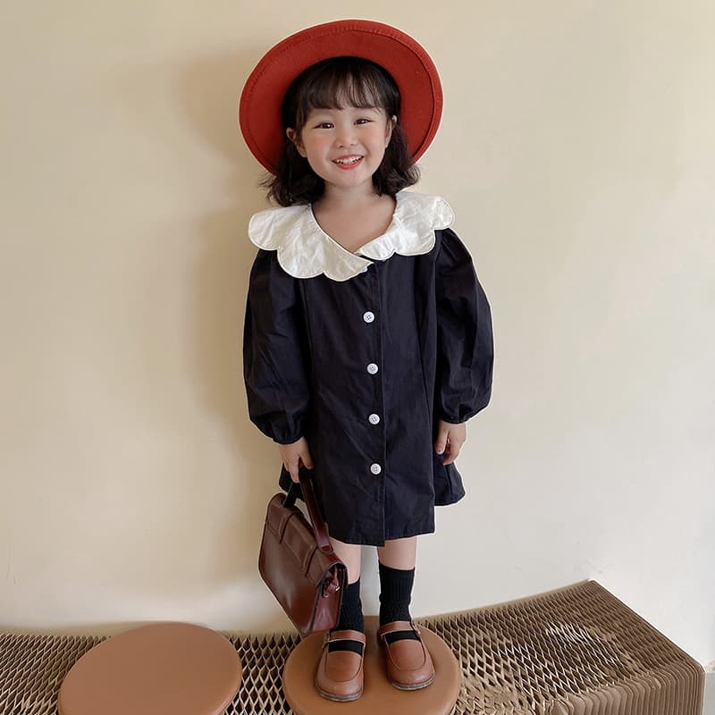 Korean Children's French Hepburn Style Girls' Dress Cotton Floral Collar Little Black Dress Elegant Princess Dress for Kids