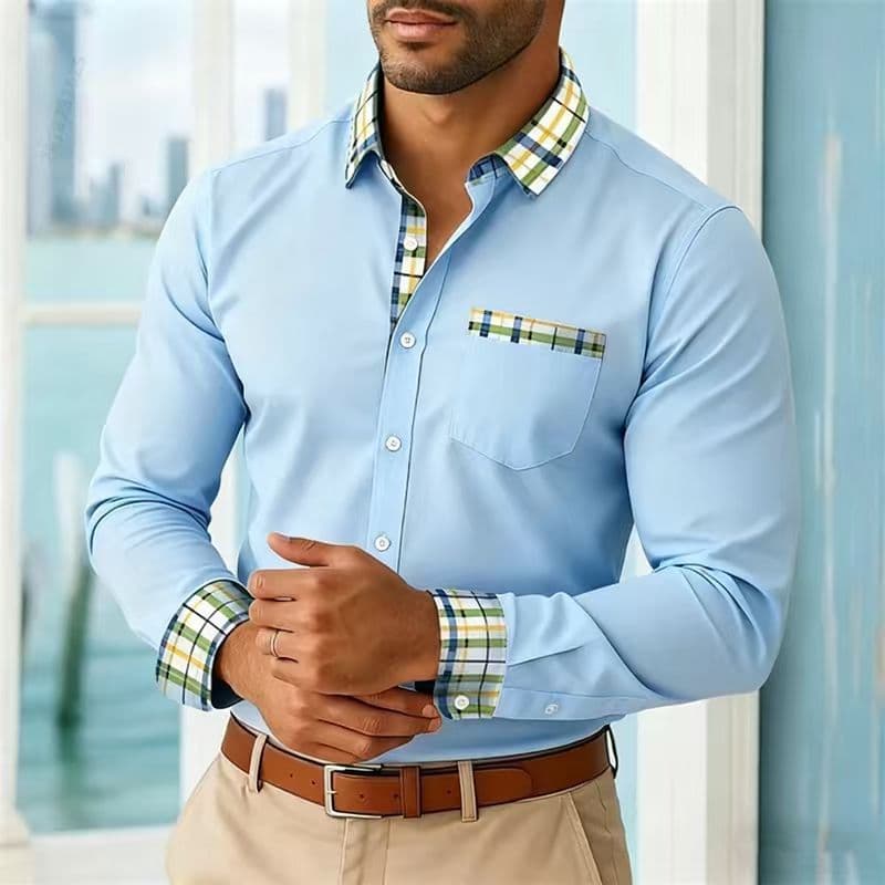 New Cross-Border Simple Contrast Color Long-Sleeve Shirt for Men, Youth Casual Versatile Long-Sleeve Shirt, Slim Fit Shirt for Men