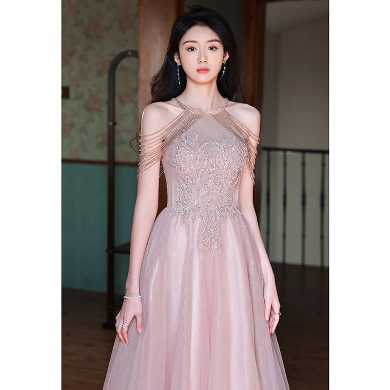 Pink tassel evening dress female host celebrity light luxury niche halter neck toasting dress high-end engagement dress skirt