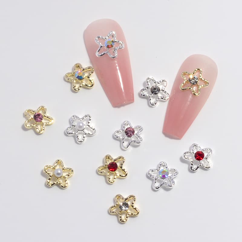 Cross-Border Manicure Five-Pointed Star Jewelry Gold and Silver Starfish Diamond Pearl Star Alloy Wearable Nail Decoration