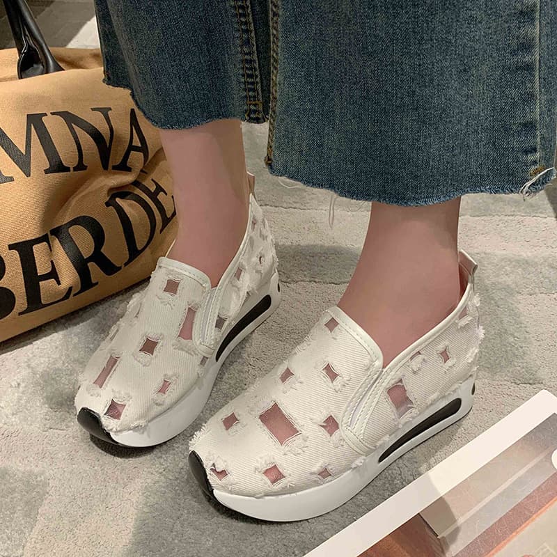 Cross-border Large Size Casual Thick Sole Women's Loafers New Flat High Heel Slip-on Patch Fabric High Heel Export Shoes