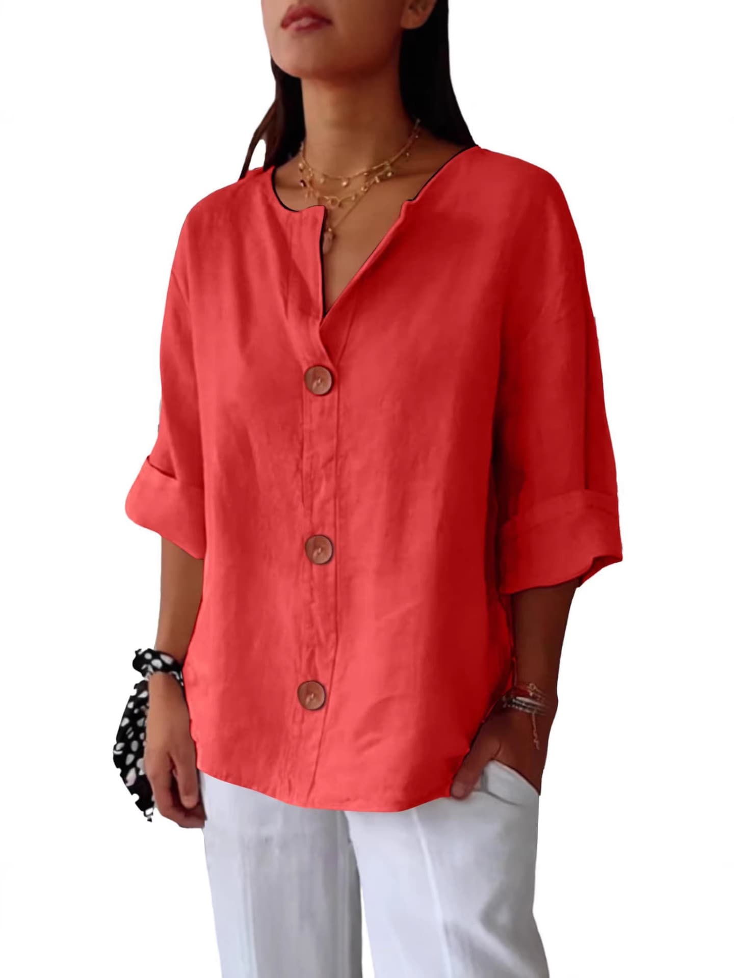 2026 Spring Summer New Amazon Foreign Trade Europe and America New Loose T-Shirt Women's V-Neck Cotton Linen Button Top