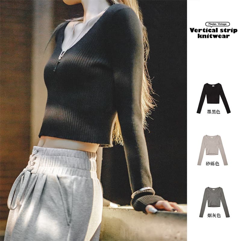 Madden women's American retro knitted sweater pure cotton with V-neck bottoming autumn and winter short solid color slim fit women's top