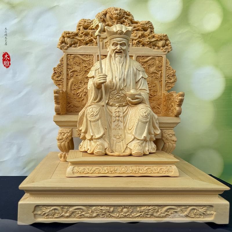Cypress wood carving sitting on the dragon chair Earth God ornaments Zhengde God of Wealth statue decoration uncle character crafts living room