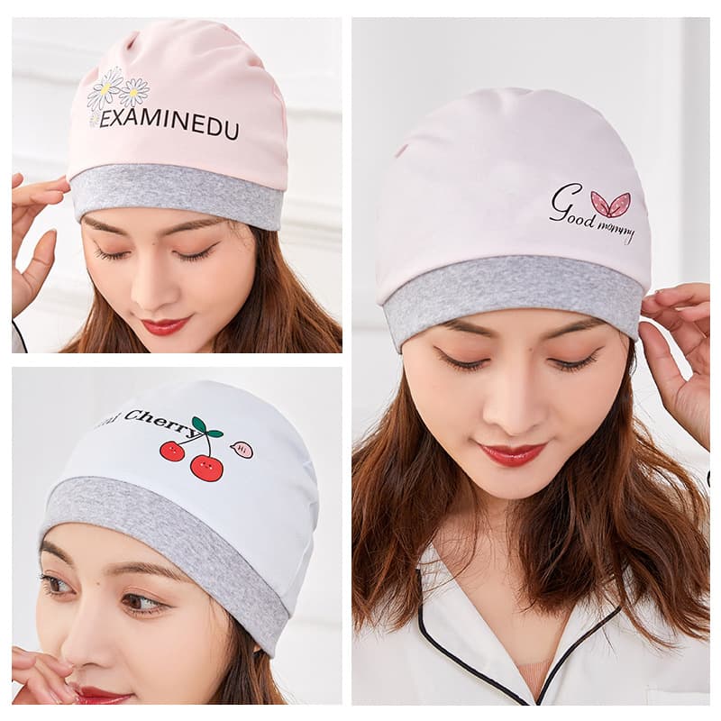 New Four Seasons Cotton Breathable Maternity Headscarf, Fashionable Cute Gray-edged Maternity Sleep Cap