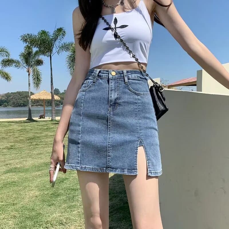 Slit Denim Short Skirt for Women, Summer Plus-Size High-Waisted Slimming Anti-Exposure A-Line Bodycon Skirt Half Skirt