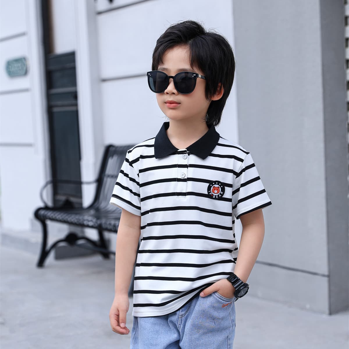 Children's Striped T-Shirt Summer Collared Polo Shirt Modal Round Neck Top Handsome Boy's Short Sleeve Base Layer