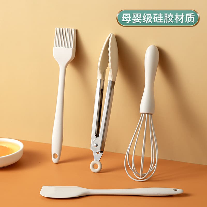 Food Grade Silicone Mini Baking Tools 4-Piece Set: Mini Baking Scraper, Oil Brush, Egg Beater, Mini Food Tongs