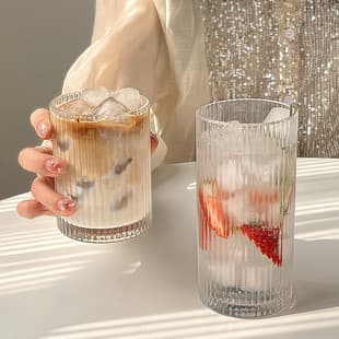 Ins-Style Simple Striped Glass Cup, American Coffee Cup, Latte Juice Cup, Cold Drink Cup, Milk Breakfast Cup