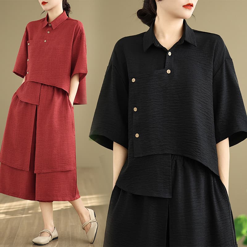 2026 Spring/Summer New Loose Artistic Irregular Top with Elastic Waist Wide-Leg Pants Casual Two-Piece Set for Women