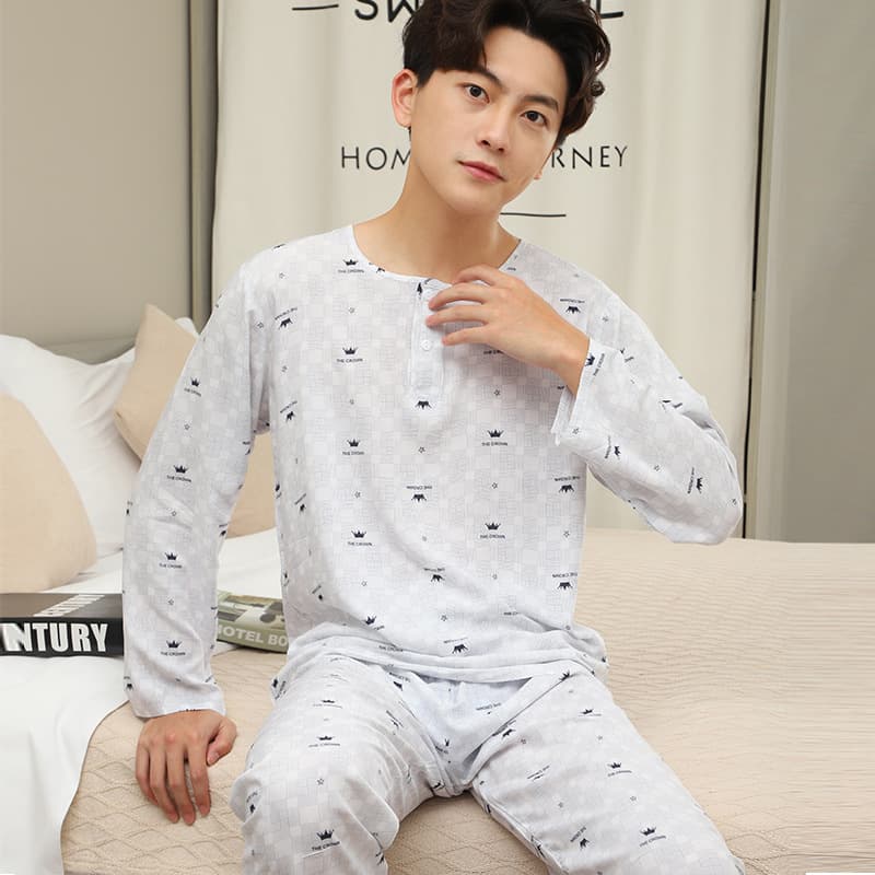 Clearance Cotton Silk Pajamas Men's Summer Long Sleeve Ultra-Thin Cotton Silk Set Spring/Autumn Artificial Cotton Long Sleeve Air Conditioning Homewear